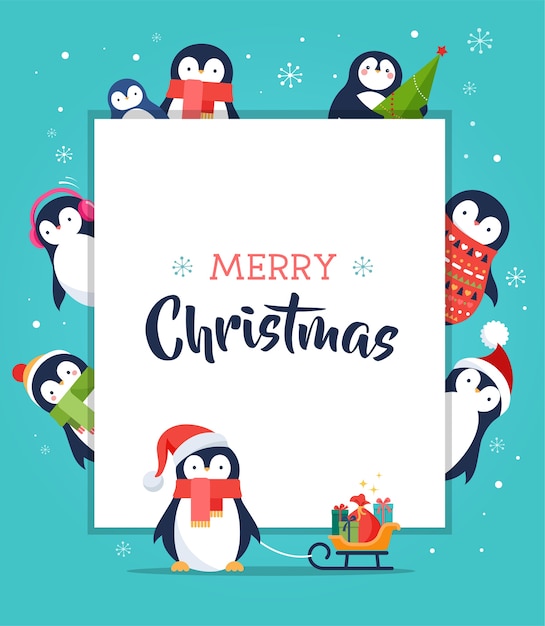 Pingouin Mignon Carte De Voeux Joyeux Noel Vecteur Premium