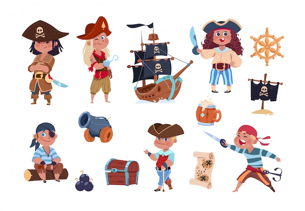 Pirates De Dessins Animes Personnages De Capitaine Et Marin De Pirate Droles Collection De Cartes Au Tresor De Navire Vecteur Premium