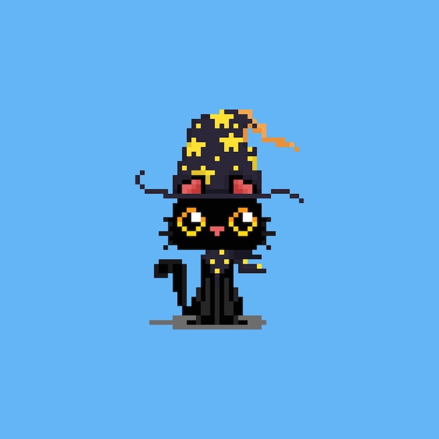 Pixel Art Dessin Anime Mignon Personnage De Chat Noir Magique Vecteur Premium