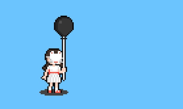 Pixel Art Petite Fille Avec Masque De Chat Blanc Et Ballon Noir Vecteur Premium