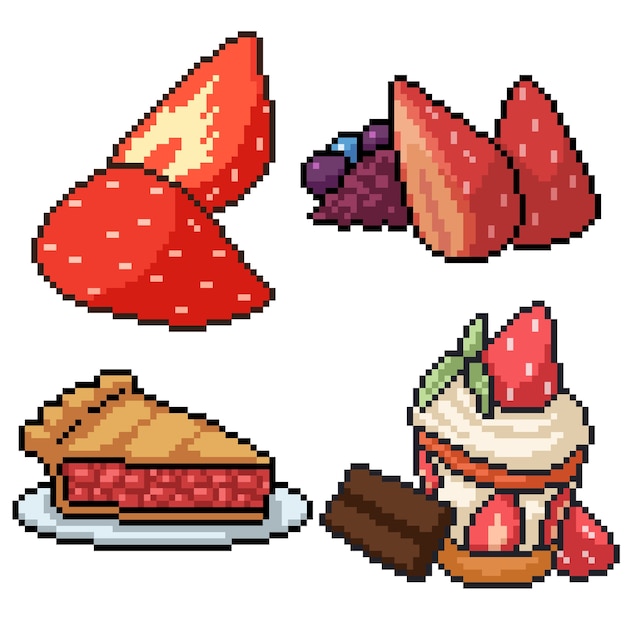 Pixel Art Set Dessert Aux Fraises Isole Vecteur Premium