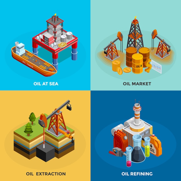 Place des icônes isométriques de l'industrie pétrolière Vecteur gratuit