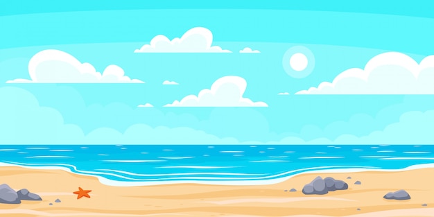 Plage D Ete De Dessin Anime Vacances Nature Paradisiaque Ocean Ou Bord De Mer Illustration De Fond De Paysage De Bord De Mer Vecteur Premium