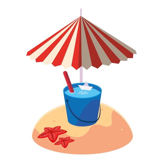 Plage De Sable En été Avec Parasol Et Seau Deau