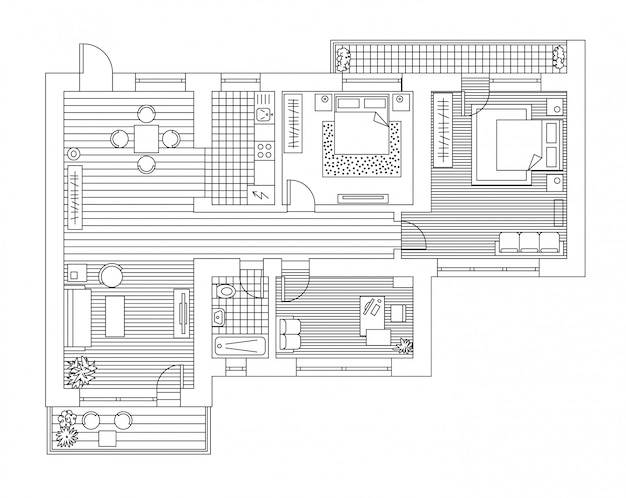 Plan d'architecture avec des meubles en vue de dessus. livre de coloriage. Vecteur Premium