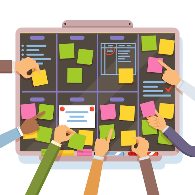 Plan de projet agile. mains tenant et mettre des notes sur le tableau de planification Vecteur Premium