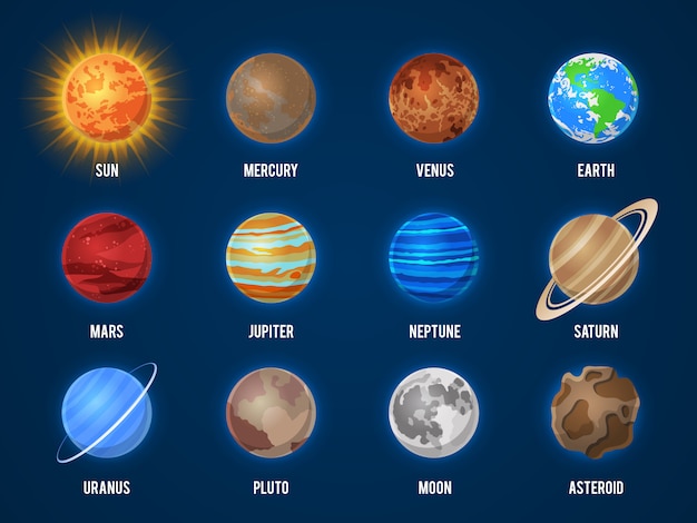 Planetes De Dessin Anime Du Systeme Solaire Cosmos Planete Galaxie Espace Orbite Soleil Lune Jupiter Mars Venus Terre Neptune Mercure Univers Ensemble Vecteur Premium
