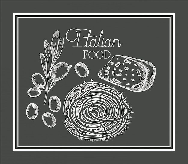 Plante d'olive et fromage dessiné, cuisine italienne Vecteur Premium