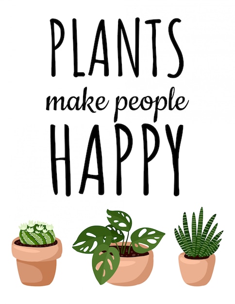 Les plantes rendent les gens heureux bannière. ensemble de carte postale de plantes succulentes en pot hygge. collection de plantes de style scandinave confortable lagom Vecteur Premium