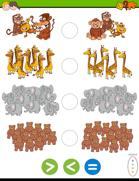 Plus grande tâche éducative moins ou égale avec les animaux Vecteur Premium