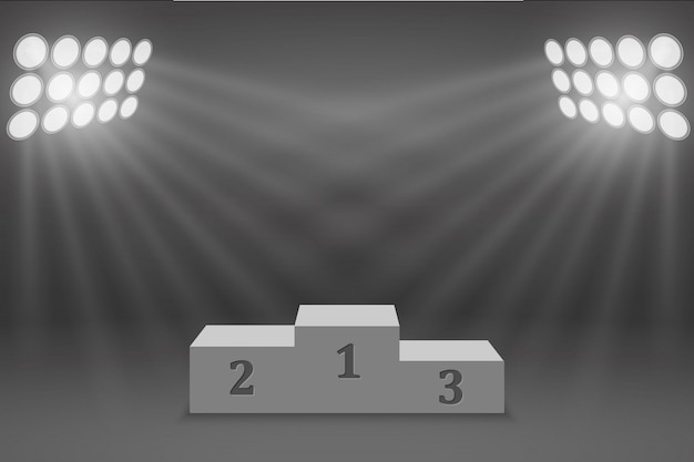 Le podium sur podium du vainqueur sportif illuminé par des projecteurs Vecteur Premium
