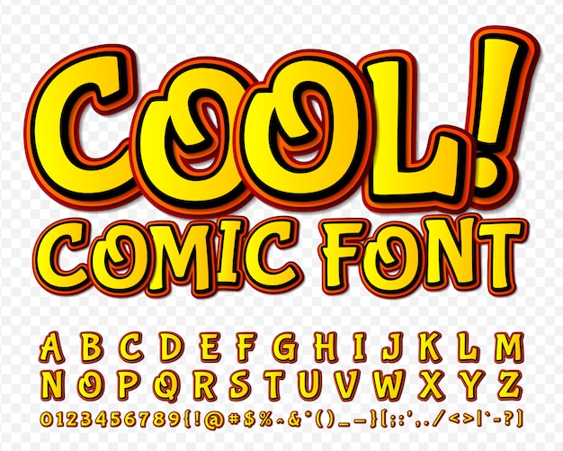 Police de bande dessinée. alphabet jaune dans le style de la bande dessinée, pop art Vecteur Premium