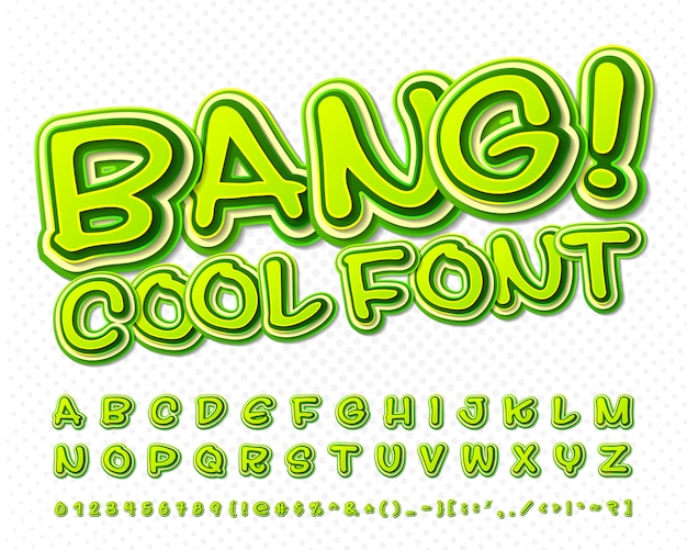 Police de bande dessinée. alphabet vert dans le style de la bande dessinée, pop art. lettres et chiffres de dessins multicouches Vecteur Premium