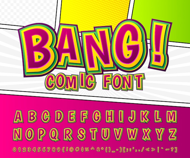 Police de bande dessinée créative. alphabet de vecteur en style pop art Vecteur Premium