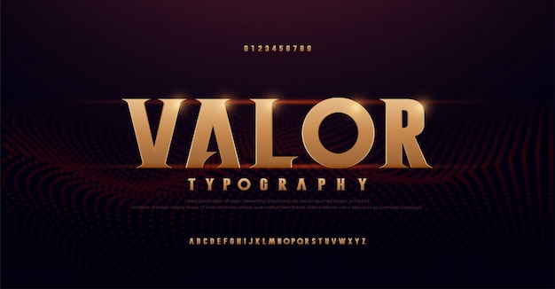 Polices abstraites alphabet or serif. typographie moderne doré pour le rock, la musique, le jeu, l'avenir, la création, la police de conception de polices 3d et le nombre. Vecteur Premium