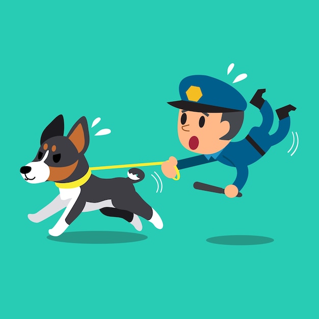 Policier De Garde De Sécurité Du Dessin Animé Avec Un Chien