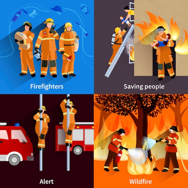 Pompiers 2x2 compositions de l'équipage des pompiers alertant les incendies et sauvant les gens Vecteur gratuit
