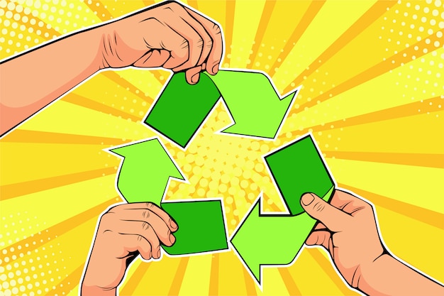 Pop art paper recycler signe dans les mains. sauver le concept d'écologie mondiale Vecteur Premium