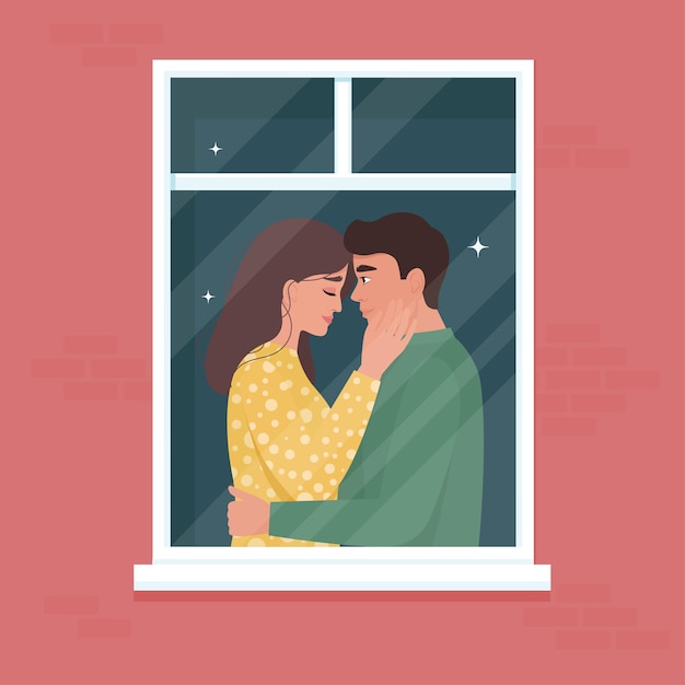 Portrait D Un Couple Romantique Amoureux Dans La Fenetre Jeune Homme Et Femme Amoureux Avant Le Baiser Tendresse Et Passion Dans Une Relation Celebration De La Saint Valentin Illustration Dans Un Style Plat