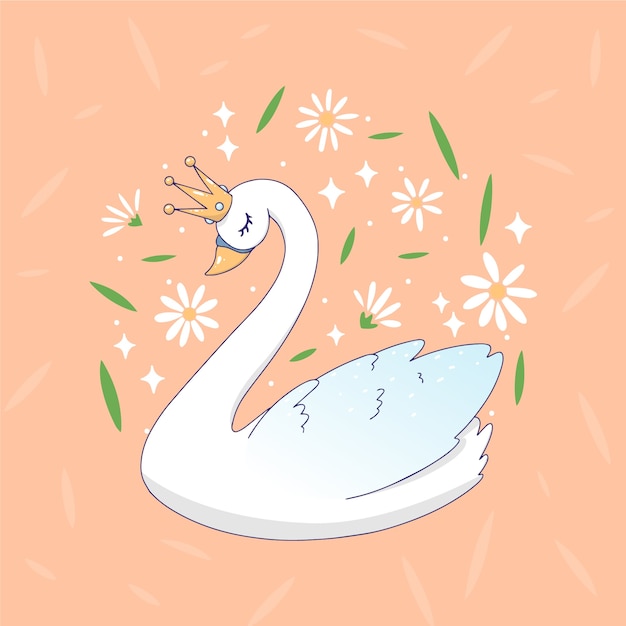 Princesse De Dessin Anime De Cygne Entouree De Fleurs Et De Feuilles Vecteur Gratuite