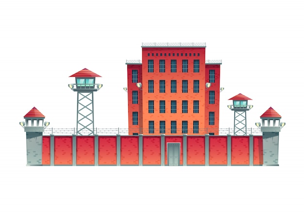 Prison, bâtiment de prison clôturé avec postes d'observation de garde sur haute clôture avec barbelés et projecteurs de projecteurs sur illustration vectorielle de tours de guet dessin animé isolé Vecteur gratuit
