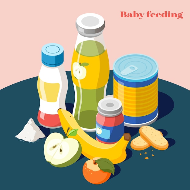 Produits D Alimentation Pour Bebes Pour Bebes Enfants Composition Isometrique Avec Illustration De Bouteille De Jus De Fruits En Poudre De Lait Vecteur Premium