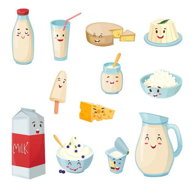 Produits De Lait Avec Des Dessins De Sourires Vecteur Gratuite