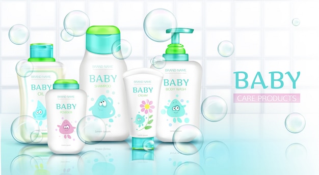 Produits De Soin Pour Bebe Bouteilles De Cosmetiques Avec Dessin Anime Pour Enfants Vecteur Gratuite