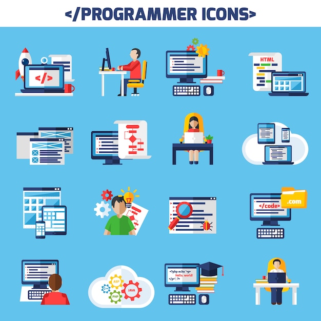 Programmer flat color decorative icons set Vecteur gratuit