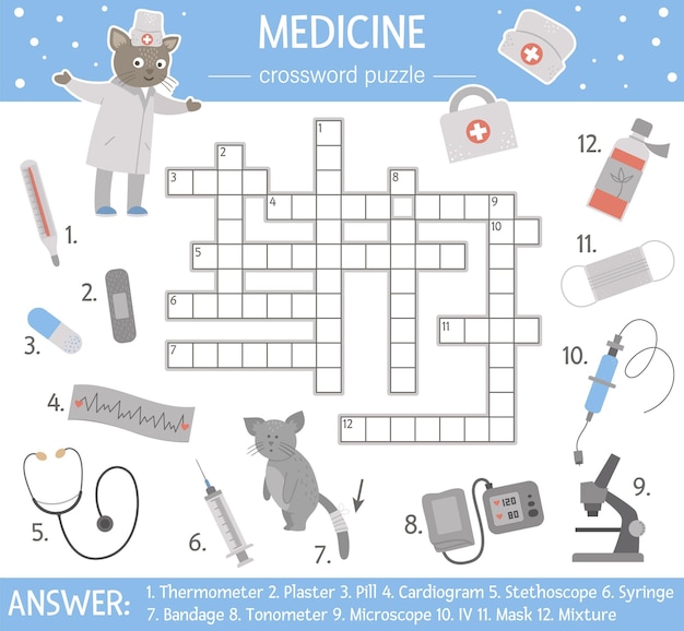 puzzle de mots croises de soins de sante quiz de medecine pour les enfants activite de vacances educatives avec un equipement medical mignon et un medecin vecteur premium