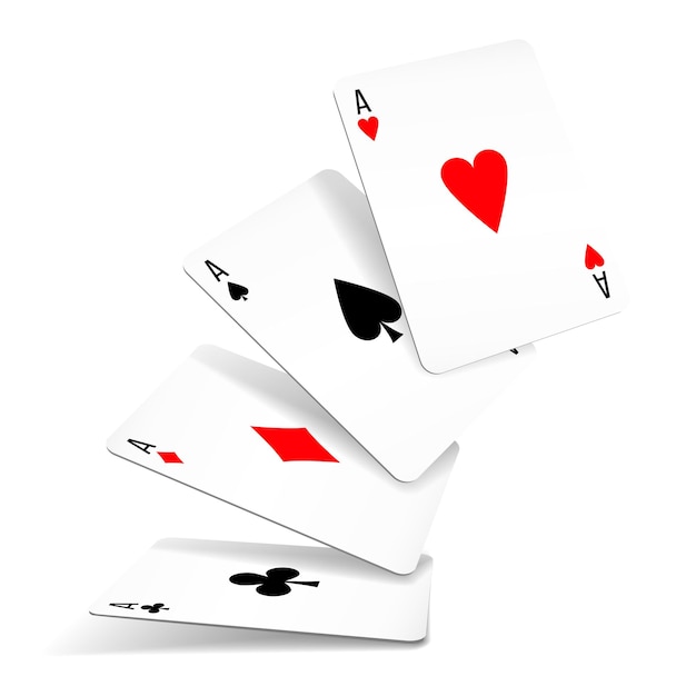 Quatre As De Carreau, Trèfle, Pique Et Cœur Tombent Ou Volent Sur Fond Blanc. Jeu De Quatre