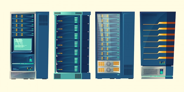 Racks serveur, salle de base de données, centre de données avec des connexions informatiques cloud Vecteur gratuit