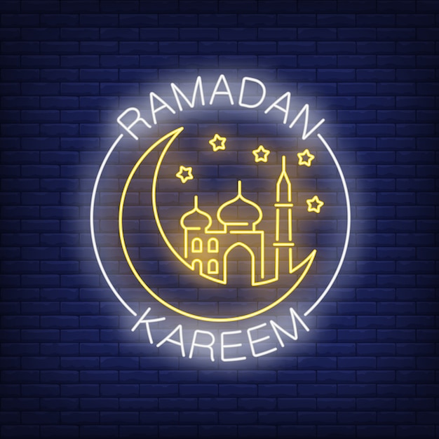 Ramadan kareem néon texte avec croissant de lune et mosquée Vecteur gratuit