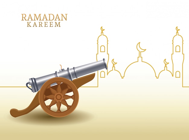Ramadan karim avec forme de canon et mosquée Vecteur Premium
