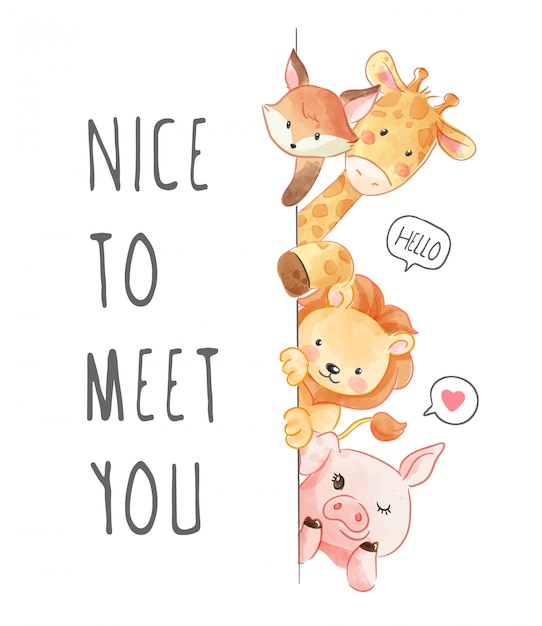 Ravi De Vous Rencontrer Slogan Avec Animaux Ami Illustration Vecteur Premium