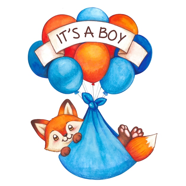 Renard Mignon Aquarelle Bebe Garcon Volant Sur Des Ballons A Air Vecteur Premium