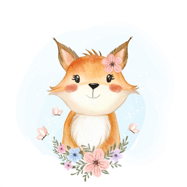 Renard Mignon Bebe Avec Illustration Aquarelle Fleur Et Papillon Vecteur Premium