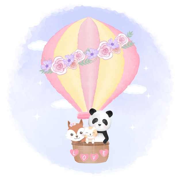 Renard Mignon Chat Et Panda Flottant Sur Une Montgolfiere Vecteur Premium