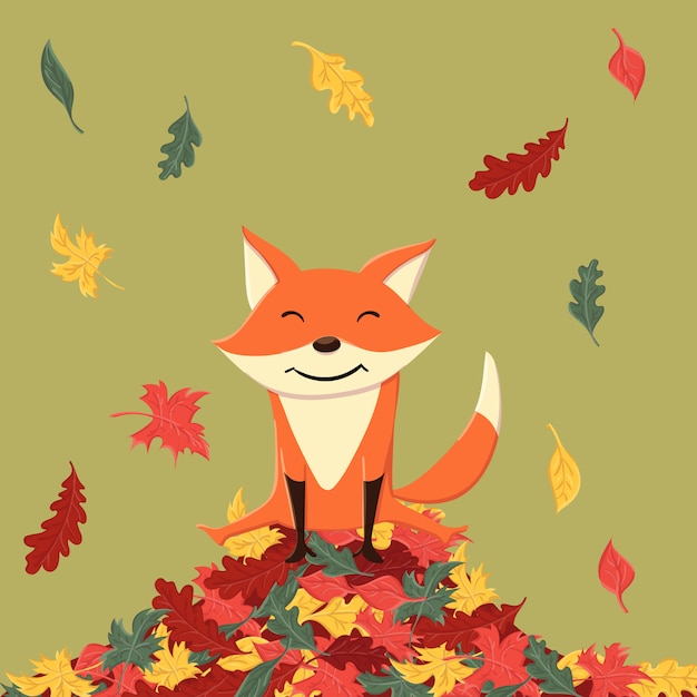 Renard mignon et heureux dans les feuilles d'automne Vecteur Premium