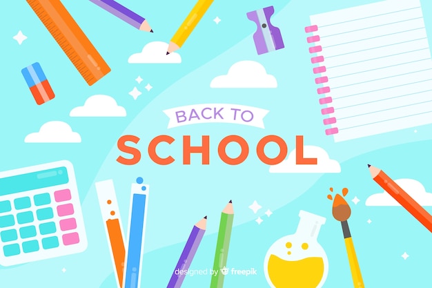 Retour à la composition de l'école avec un design plat fond bleu Vecteur gratuit