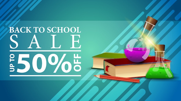 Retour à la vente d'école, bannière web à prix réduit dans un style moderne avec livres et flacons de produits chimiques Vecteur Premium