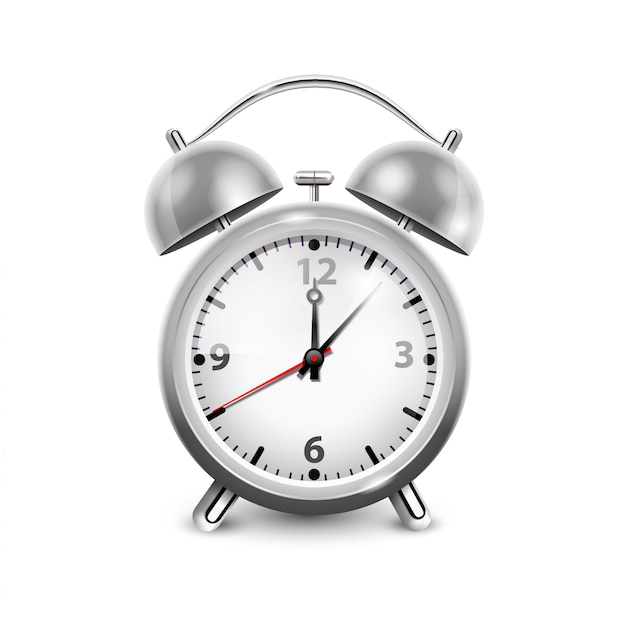 Réveil rétro dans un boîtier métallique avec deux cloches isolées sur illustration vectorielle réaliste fond blanc Vecteur Premium