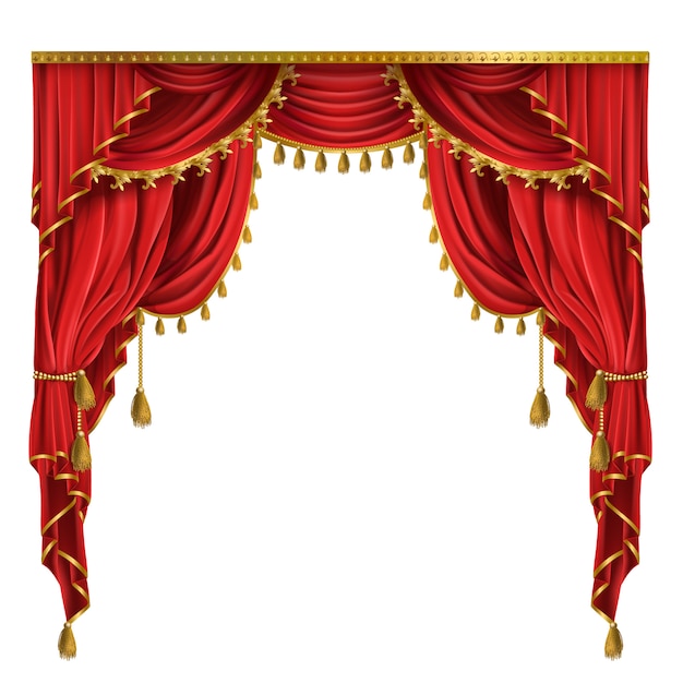 Rideaux rouges de luxe dans le style victorien, avec des draperies, attaché avec cordon d'or Vecteur gratuit