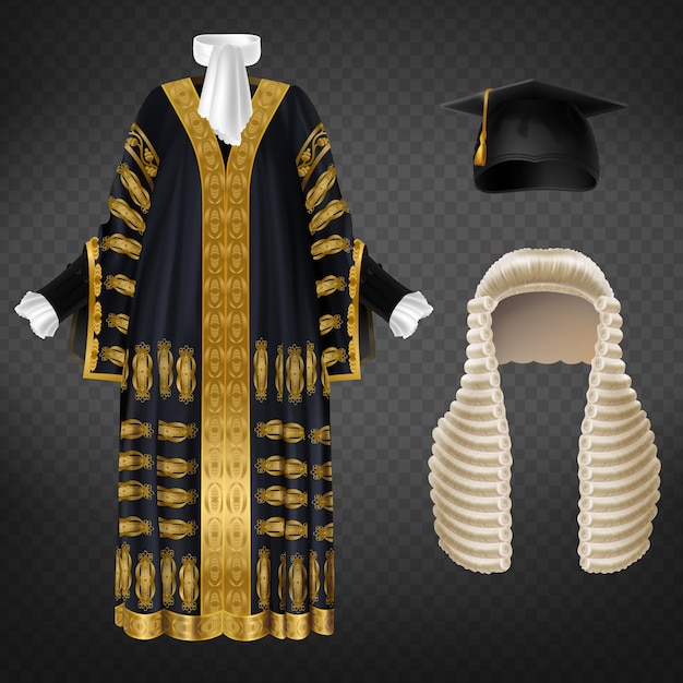 Robe noire avec broderie décorative dorée, longue perruque avec boucles et bonnet de mortier Vecteur gratuit