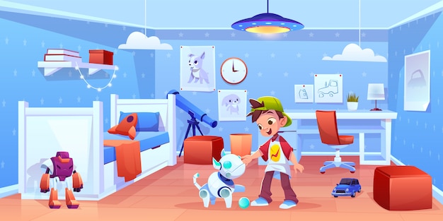 Robot de chien et garçon jouant à la maison Vecteur gratuit