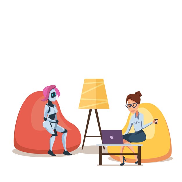 Robot et femme avec ordinateur portable dans un fauteuil poire Vecteur Premium