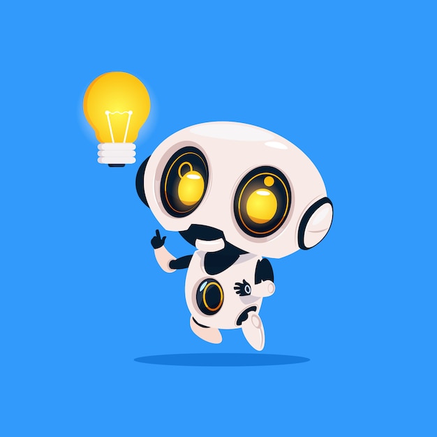 Robot mignon tenir ampoule icône isolé sur fond bleu intelligence artificielle de technologie moderne Vecteur Premium