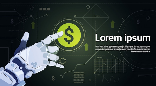 Robot toucher signe dollar numérique bouton protection de l'argent concept bannière avec espace de copie Vecteur Premium