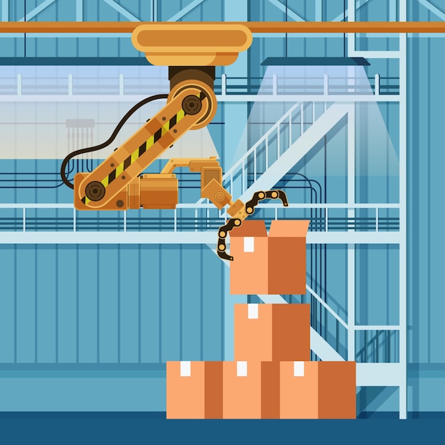 Robotic packing claw lifting open boxboard box Vecteur Premium
