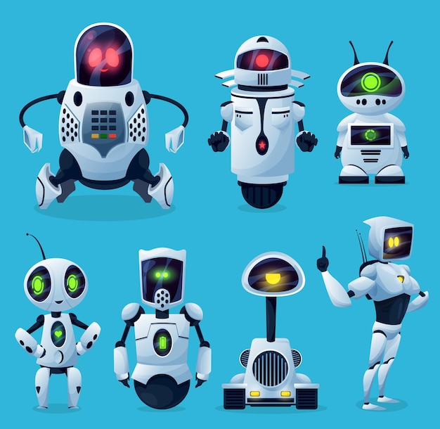 Robots Chatbots Et Bots Ai De Dessin Anime Personnages De Jouets Pour Enfants Robots Android Et Futurs Chatbots Vecteur Premium